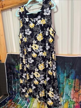 Perceptions Navy Floral Midi Dress with Yellow & White Blooms plus size